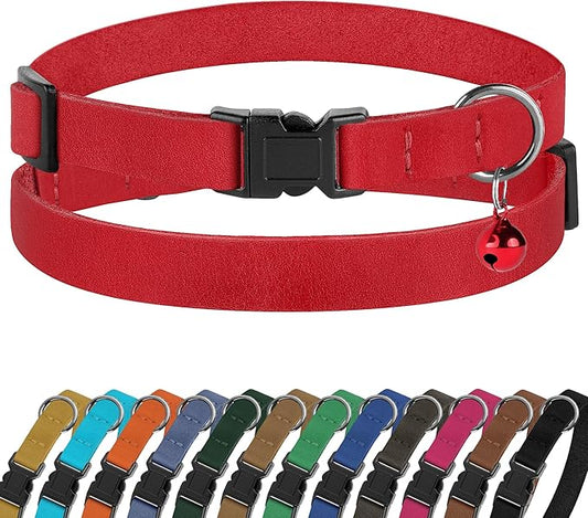 Breakaway Cat Collar Leather with Removable Bell - 13 Colors Available - Soft Adjustable Girl Boy Safety Lightweight Pet Kitten Collars Pink Brown Blue Green Red Orange Black (Red)