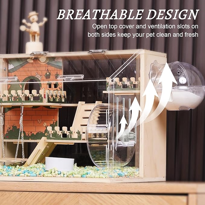 11 in 1 Wooden Hamster Cage with All Accessories, 15.8 Inch 3-Layer Dwarf Hamster Cage Acrylic,Small Animal Cages, Pastoral Style Mouse Cage for Pet Mice, Hedgehog, with Stairs, Fences and Swing