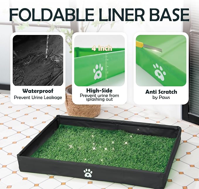 MEEXPAWS Dog Grass Pad with Foldable Dog Litter Box, Small Pee Pad Holder Foldable Liner Base High Side with Odor Free Artificial Grass for Puppy Potty Training Balcony, 2 PCS Reusable Pee Pads