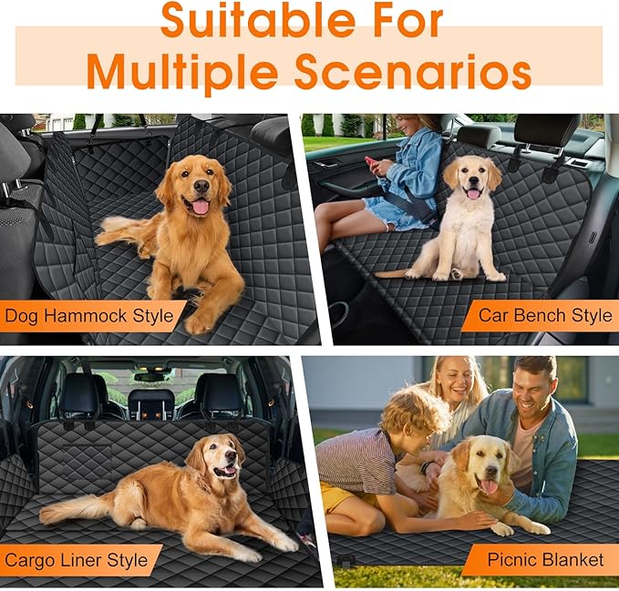 Waterproof Dog Car Seat Cover for Back Seat - Durable, Scratch Proof Pet Hammock with Nonslip Design & Storage Pockets, Fits Cars, SUVs, Trucks - L, Black