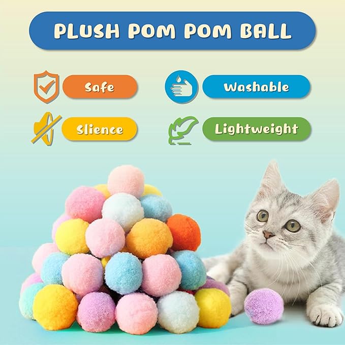 30 Pcs Premium Silent Cat Pom Pom Balls, Interactive Lightweight Assorted Colors Fuzzy Toy Balls (1.2 inches), with 4 Pcs Cat Spring Toy for Indoor Kitten Playing Exercising
