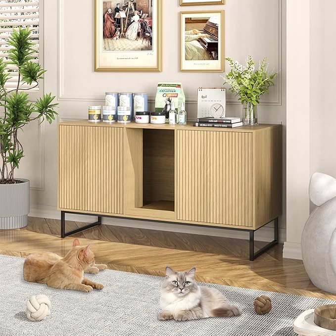 Litter Box Enclosure for 2 Cats, Fluted Hidden Cat Litter Box Furniture with Scratch Pad and Metal Legs, Modern Double Room Kitty House for Living Room, Washroom, 47.2”L x 17.7”W x 25.9”H, Natural