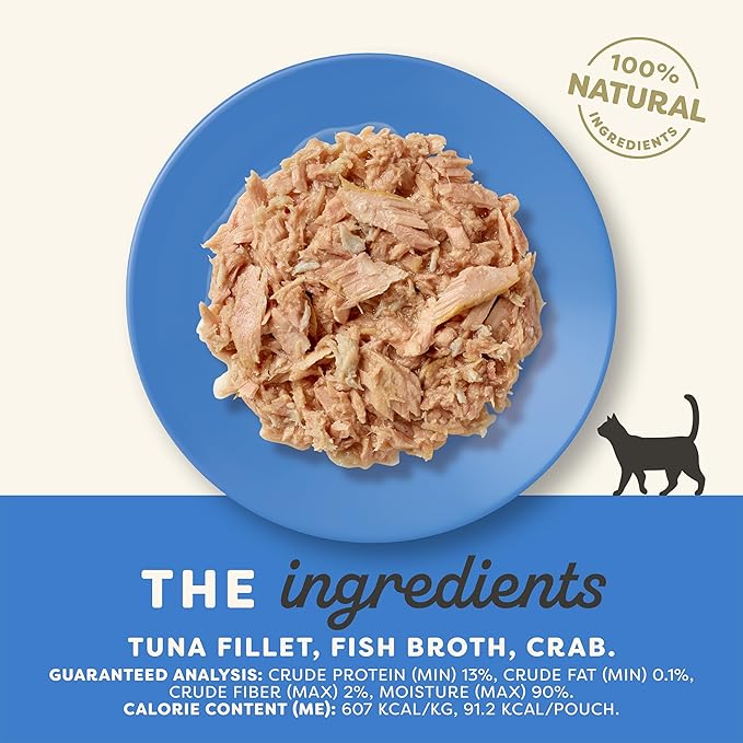 Applaws Natural Wet Cat Food in Broth, Limited Ingredient Wet Cat Food Pouches, No Additives, Made with Natural Ingredients, Tuna Fillet with Crab in Broth (12 x 5.3oz Pouches)