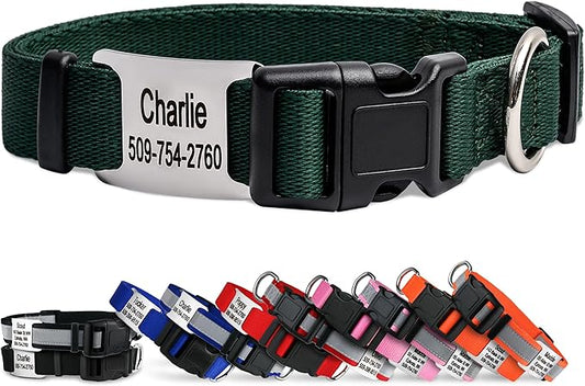 GoTags Personalized Dog Collar with Nameplate, Adjustable Dog Collar with Custom Engraved Slide On Pet ID Tag in Stainless Steel, Silent, No Noise Dog Tag (Hunter Green, X-Small)