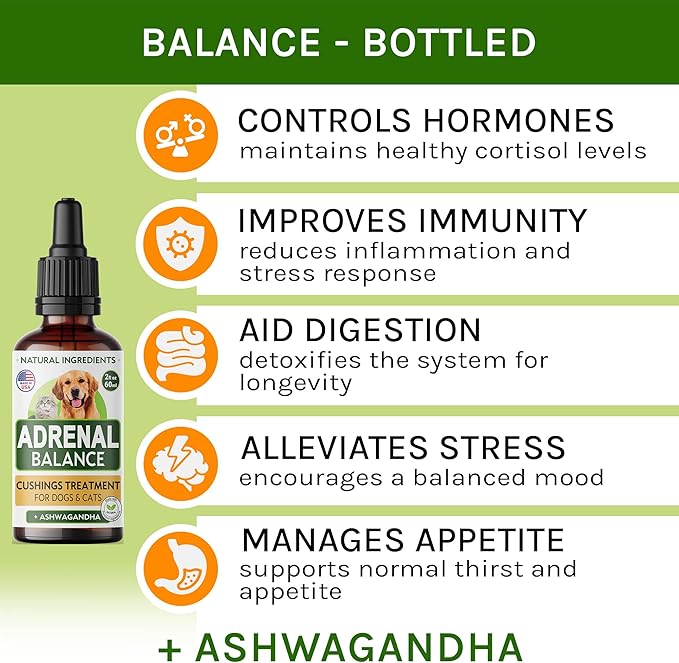 Аdrеnаl Balance for Dogs and Cats - Cushings Treatment for Pets, Аdrеnаl Support w/Ashwagandha, Licorice Root, Rhodiola Rosea – Best Cushings Treatment for Dogs - 2oz Harmony Herbal Drops