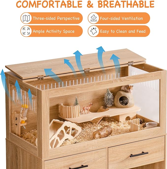 MEWOOFUN Large Hamster Cage, Hamster Cage and Habitats with Drawers and Storage Cabinet, Openable Top, Three-Sided Visibility and Four-Sided Ventilation, 39.4" L x 19.7" W x 41.7" H