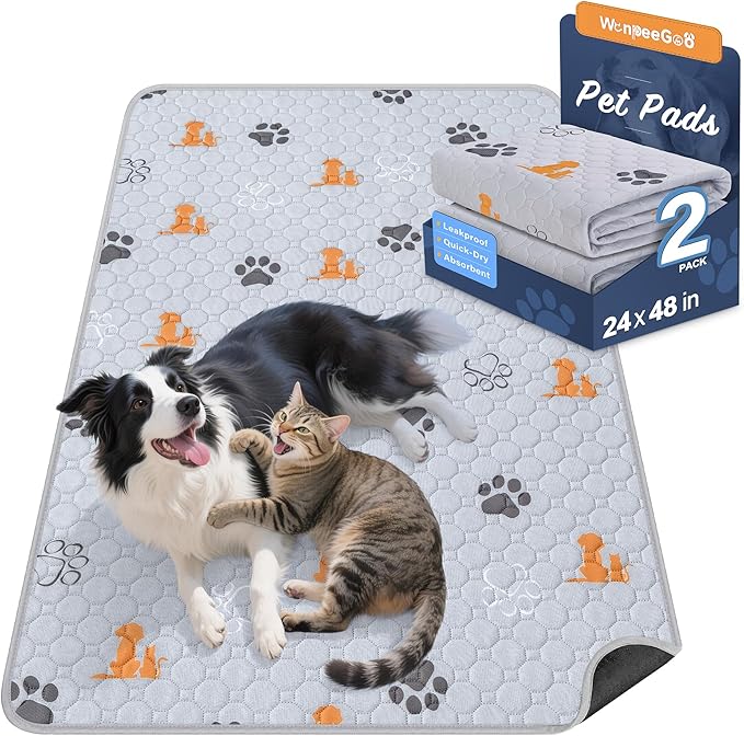 Washable Pee Pads for Dogs, 2 Pack Absorbent Reusable Training Dog Pads Pet Puppy Pads, Non-Slip Potty Pads for Whelping, Playpen, Crate, Bed, Orange, 24"x48"