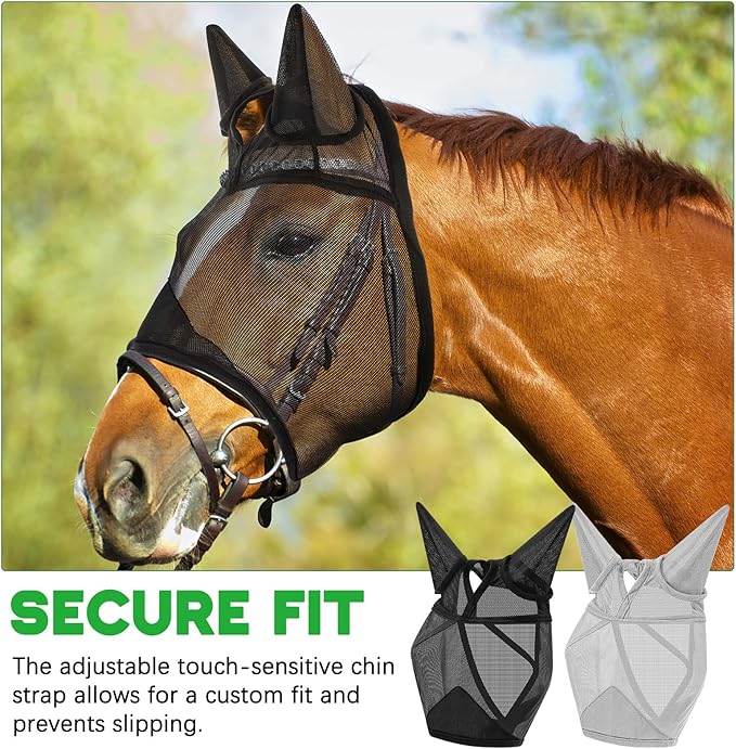 2 Pcs Horse Fly Mask with Ears Adjustable UV Protection Horse Fly Mask Accessories Large Eye Space with Ears for Horses Summer, Black and Gray, L