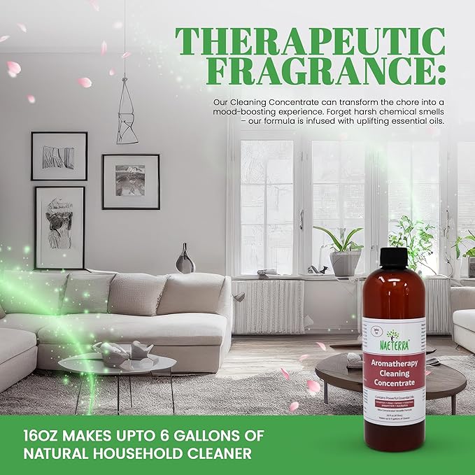 Naeterra Aromatherapy Cleaning Concentrate 16 oz Natural Multi-Surface Cleaner, Plant-Based and Biodegradable, Makes 6 Gallons, Cleaning Essential Oil Formula, Safe for Families and Pets