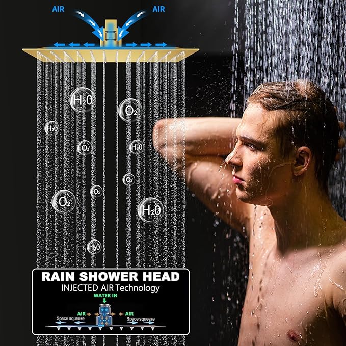 Brushed Gold Shower System Set Temperature Display Push Button Shower Faucet with 12 inch and 8 inch Wall Mount Full Body Shower Head and Handheld Shower