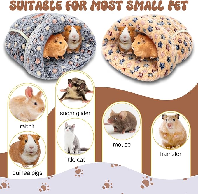 Wenqik 2 Pcs Guinea Pig Bed Cuddle Warm Hideout Small Animal Sack Cozy House Bedding Sleeping Cushion Portable Pet Carrier Cage Nest for Rabbit Hamster Rat (Blue, Khaki,Star)