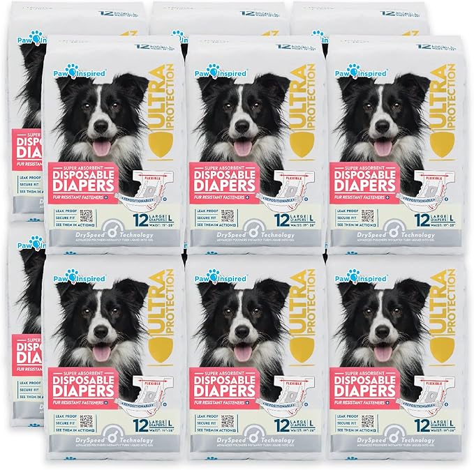 Paw Inspired Disposable Dog Diapers | Female Dog Diapers Ultra Protection | Diapers for Dogs in Heat, Excitable Urination, or Incontinence (12&144 Count) (Large (144 Count))