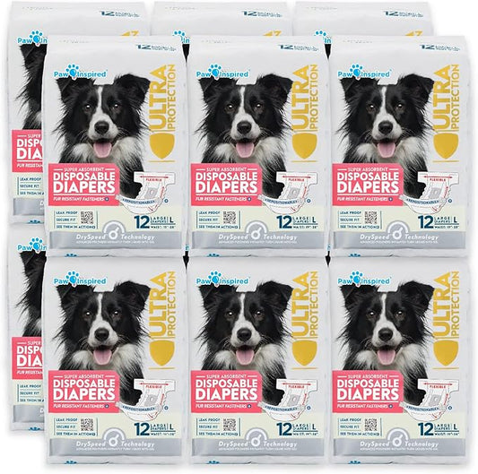 Paw Inspired Disposable Dog Diapers | Female Dog Diapers Ultra Protection | Diapers for Dogs in Heat, Excitable Urination, or Incontinence (12&144 Count) (Large (144 Count))