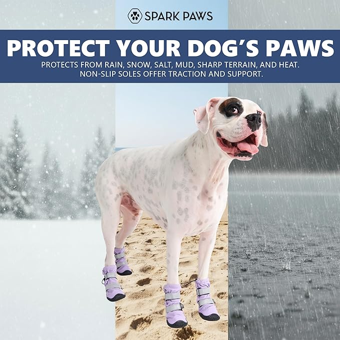 Spark Paws Dog Shoes, Waterproof Dog Boots for Medium to Large Dogs, Non Slip, Breathable Dog Booties and Paw Protectors - 4PCS Doggie Hiking Boots with Reflective Straps - Lilac, Size 5