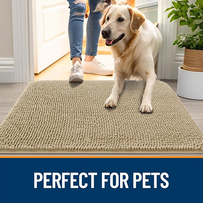 OLANLY Dog Door Mat for Muddy Paws 36x24, Absorbs Moisture and Dirt, Absorbent Non-Slip Washable Doormat, Quick Dry Chenille Mud Mat for Dogs, Entry Indoor Entryway Carpet for Inside Floor, Beige