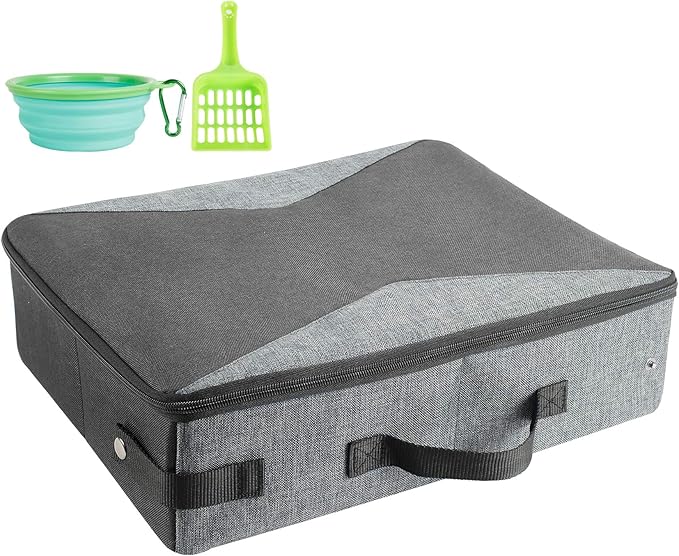 HiCaptain Portable Litter Box for Cats, Cat Travel Litter Box with Lid and Handle Standard Portable Collapsible Litter Carrier for Cat (M,Black/Gray)