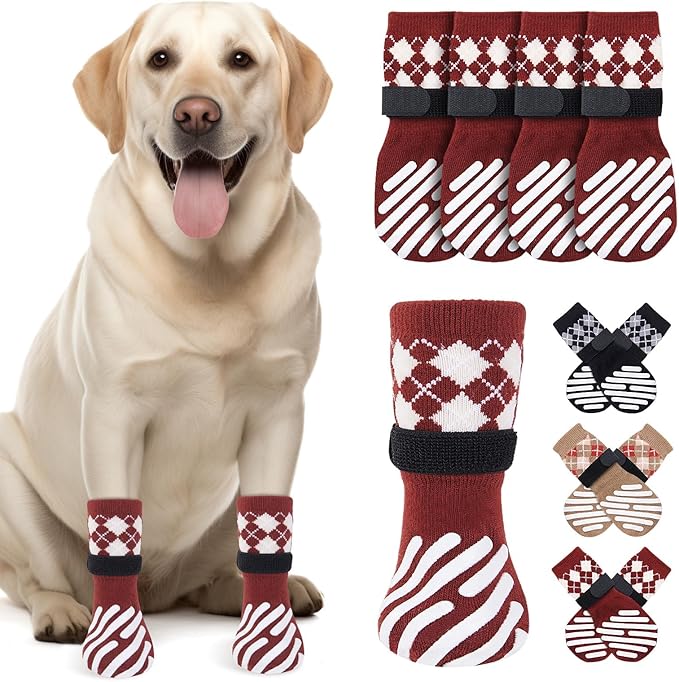 LOOBANI Dog Socks to Prevent Licking Paws - Dog Socks for Hardwood Floors Anti Slip for Traction Control - Dog Grippy Socks for Senior Dog Small Medium Large Dogs on Tile Floors, Red XL