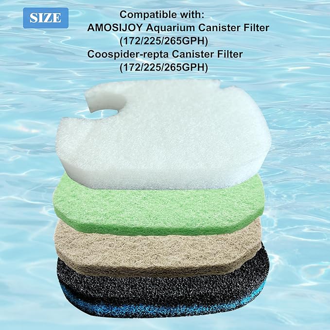 8 Pack Upgraded Filter Pads for AMOSIJOY Aquarium Canister Filter; White Floss, Removing Ammonia and Phosphate, and Activated Carbon Sponge Bio Pads, Compatible with PONDFORSE 172/225/265GPH Canister