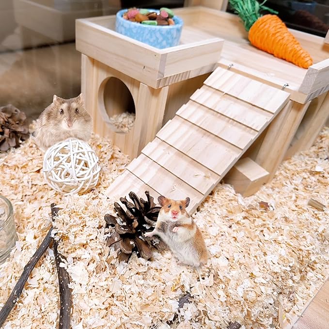 Wooden Hamster Hideout Hamster Wood House with Ladder Hides Platform Decor Detachable Small Animals Cage Accessories for Rat Gerbils and Other Small Pets