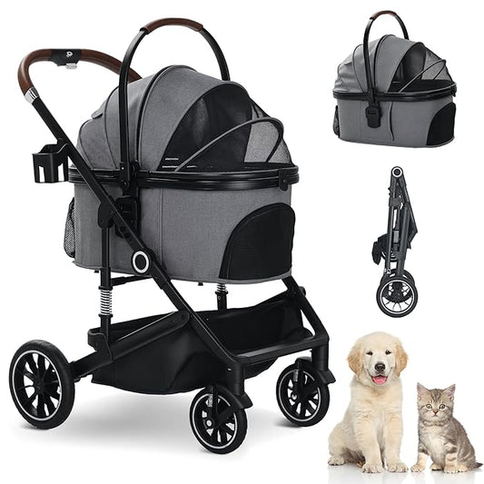 Pet Stroller with 4 Wheels, 3 in 1 Folding Puppy Strollers for Small/Medium Dogs Cats up to 50lbs, Lightweight Pet Travel Carrier with Detachable Cushion, Storage Basket and Cup Holder, Gray