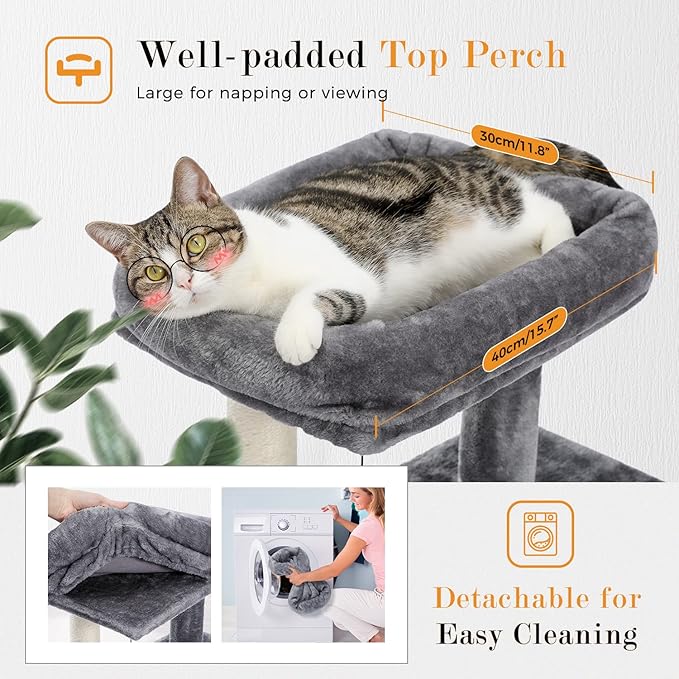 PAWZ Road 34 Inches Cat Tree Multilevel Cat Tower with Double Condos, Spacious Perch, Fully Wrapped Scratching Sisal Post and Replaceable Dangling Balls Gray