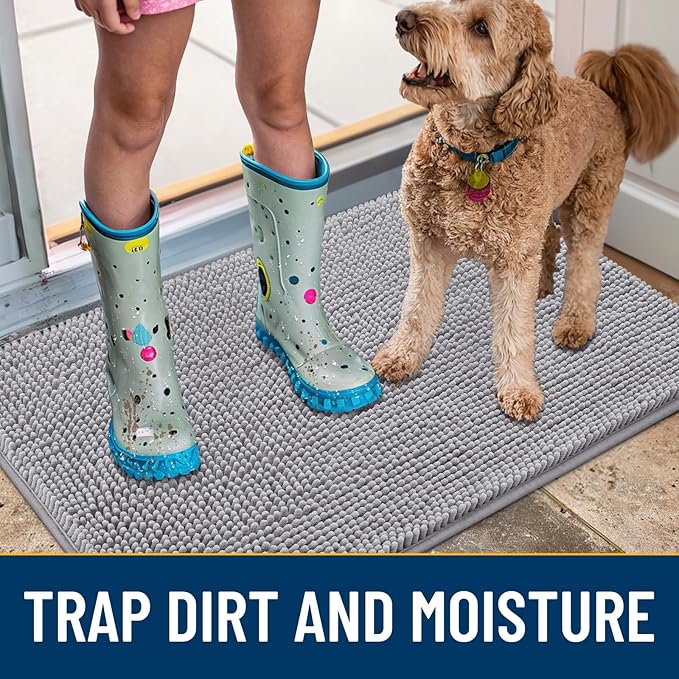 Smiry Dog Door Mat for Muddy Paws 40x32, Absorbs Moisture and Dirt Doormat, Non-Slip Washable Quick Dry Chenille Front Door Mat Indoor Entrance, Entryway Carpet for Inside Floor, Light Grey