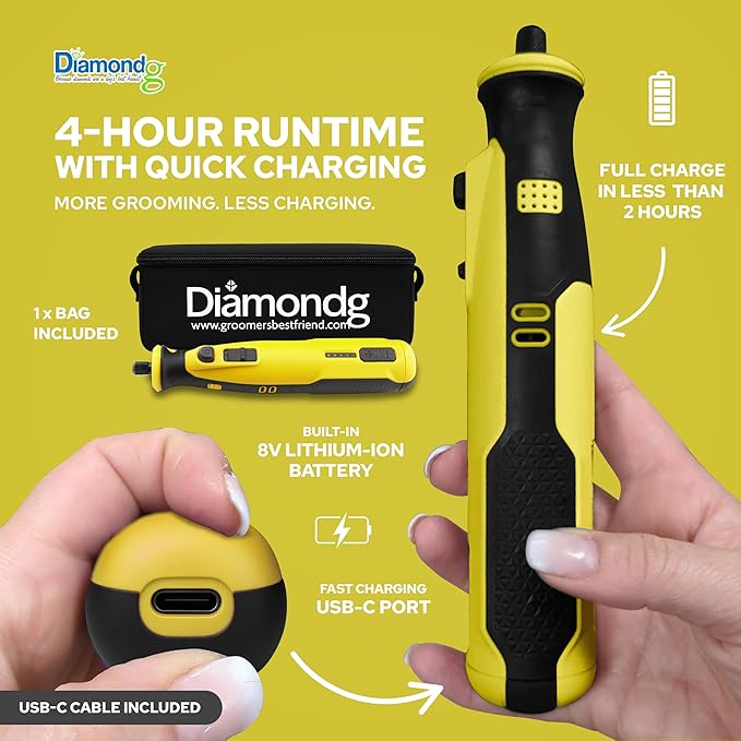 Diamondg Cordless Dog Nail Grinder with Quiet Sound & LED Tip for Large & Small Dogs, 4hrs. Runtime, 2 Bits Included, Yellow