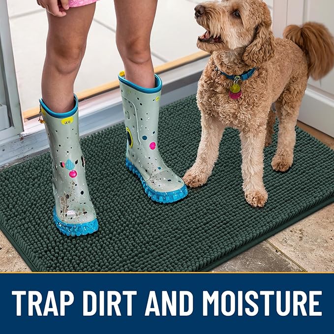 Smiry Dog Door Mat for Muddy Paws 40x32, Absorbs Moisture and Dirt Doormat, Non-Slip Washable Quick Dry Chenille Front Door Mat Indoor Entrance, Entryway Carpet for Inside Floor, Green