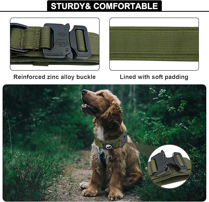 Tactical AirTag Dog Collar Leash Set - Heavy Duty, Adjustable GPS Collar Compatible with Apple AirTag, with Holder & Control Handle for Medium/Large Dogs [ Green, M ]