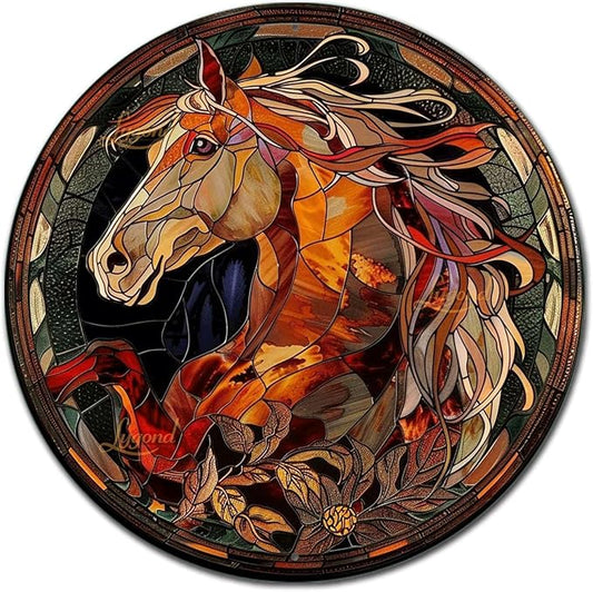 Lygond Metal Sign Tin Sign Circular Stained Glass Horse Gardening Poster for Pet 8×8 Inches