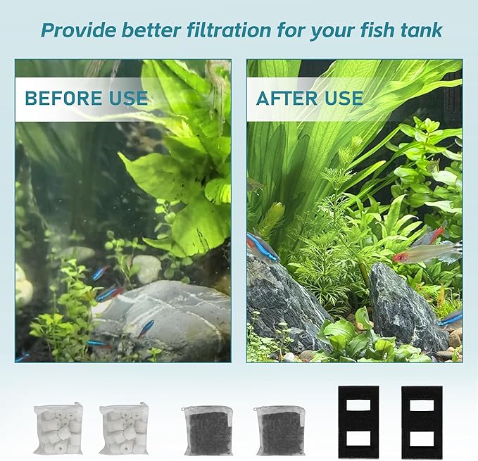 Aquarium Filter Replacement Set, 3-Stage Filtration Compatible with Fluval SPEC EVO Flex Series, Includes 2 Carbon Filter Refills, 2 Foam Filter, 2 Ceramic Rings & 1 Filter Cord