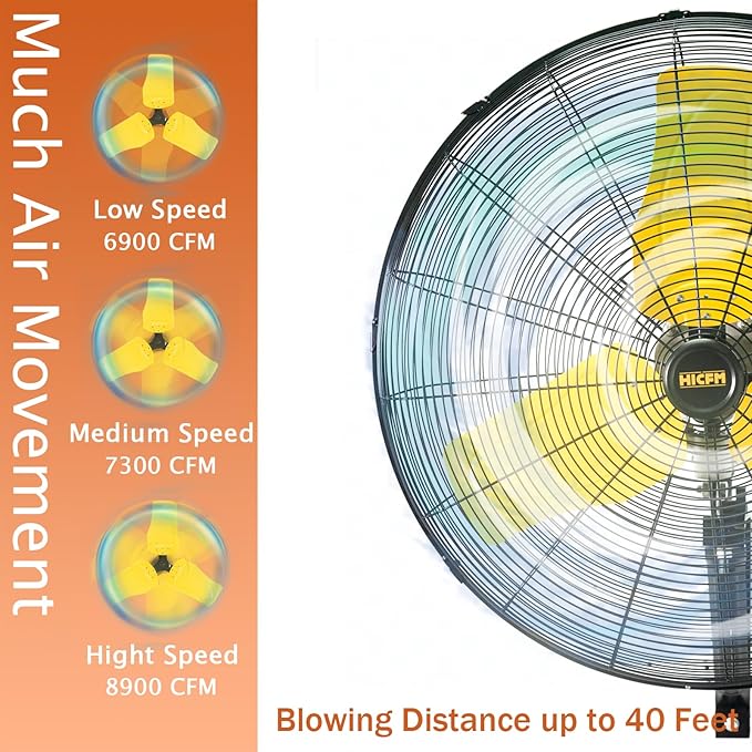 HiCFM 24" Oscillating Wall Fan, 8900 CFM High Velocity Industrial Wall Mounted Heavy Duty Shop Fans with 3 Speed Settings 80° Oscillation for Outdoor Commercial Garage Warehouse workshops Factory