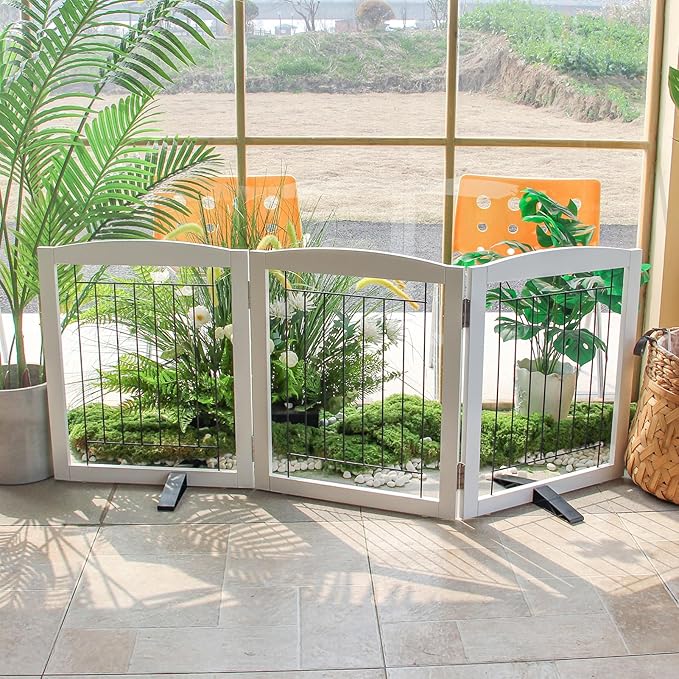 ZJSF Freestanding Dog Fence Indoor, Foldable Dog Gate for Doorways, Stairs or Hallways, Sturdy Wood Extra Wide Pet Gate with Support Feet for The House, White, 24 "Height-3 Panels