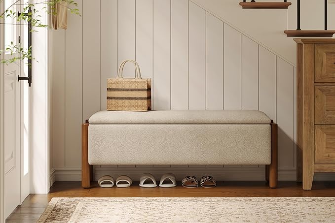 Modern Storage Benches with Walnut Wood Legs, 47'' Ottoman Bench with 20 Gallons Storage Space for Bedroom End of Bed, Fabric Upholstered Entryway Bench with Seating for Livingroom, Beige