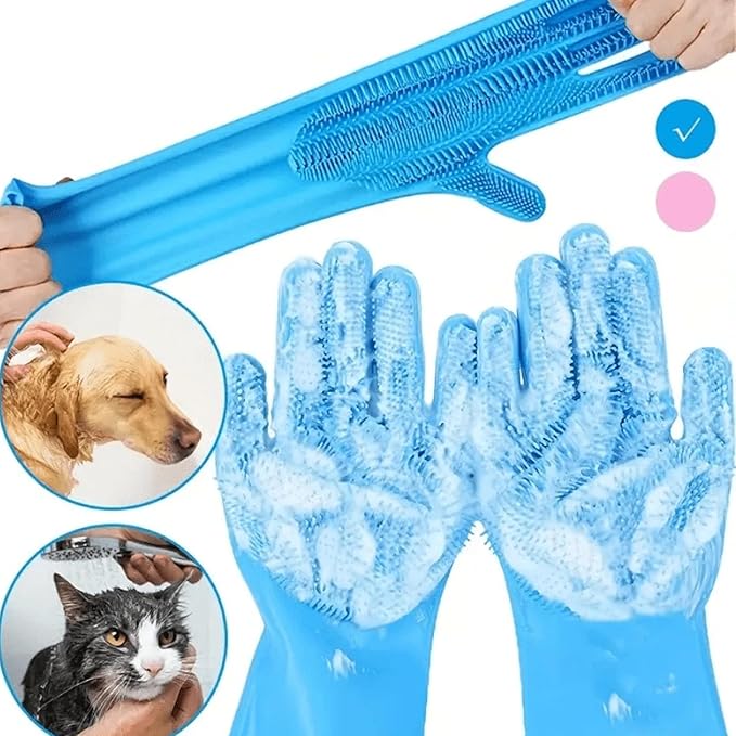 Pet Grooming Gloves，Heat-Resistant Silicone Gloves with High-Density Teeth for Enhanced Massaging and Bathing of Dogs and Cats (Blue, 1 Pair)