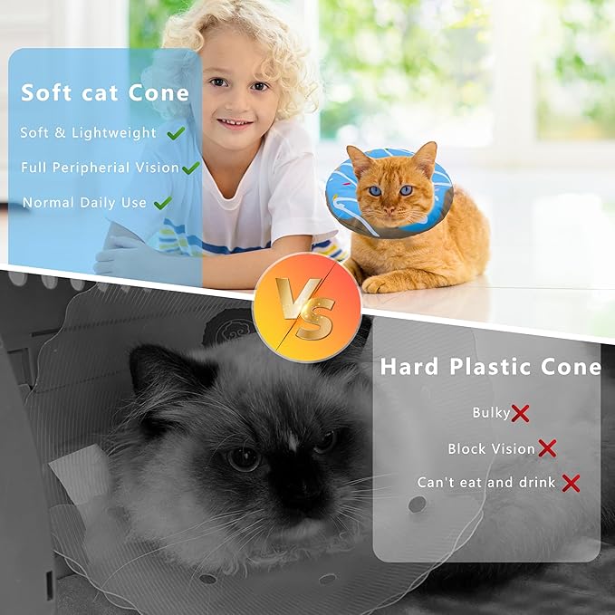 Cat Cone Collar Soft, Adjustable Cat Recovery Collars Kitten Cones to Stop Licking, Cute Donut E Collar After Surgery, Cats Neck Pillow Elizabethan Cones of Shame (Waterproof Blue, Small)