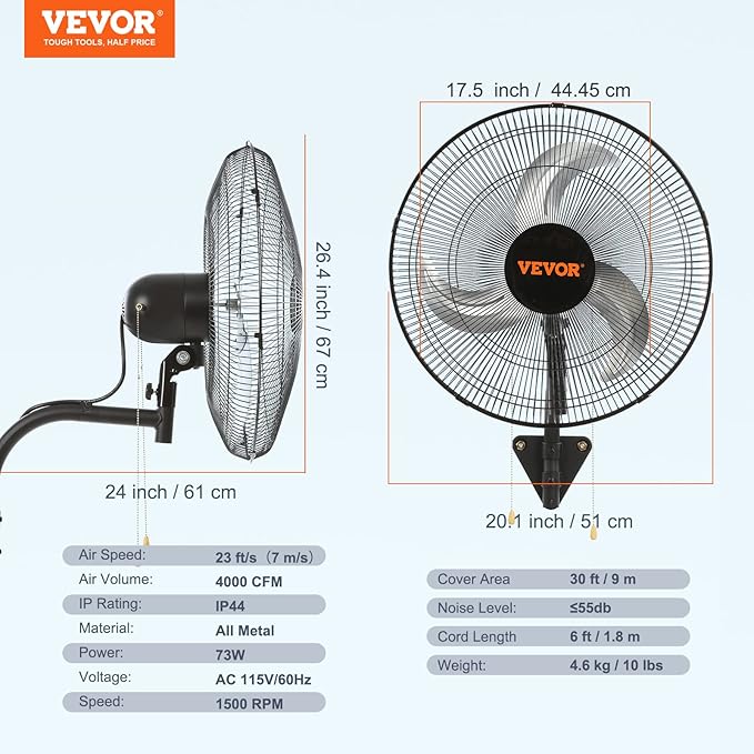 VEVOR 18 inch Wall Mount Fan Oscillating, 3-speed High Velocity Max. 4000 CFM Industrial Wall Fan for Indoor, Commercial, Residential, Warehouse, Greenhouse, Workshop, Basement, Black, ETL Listed
