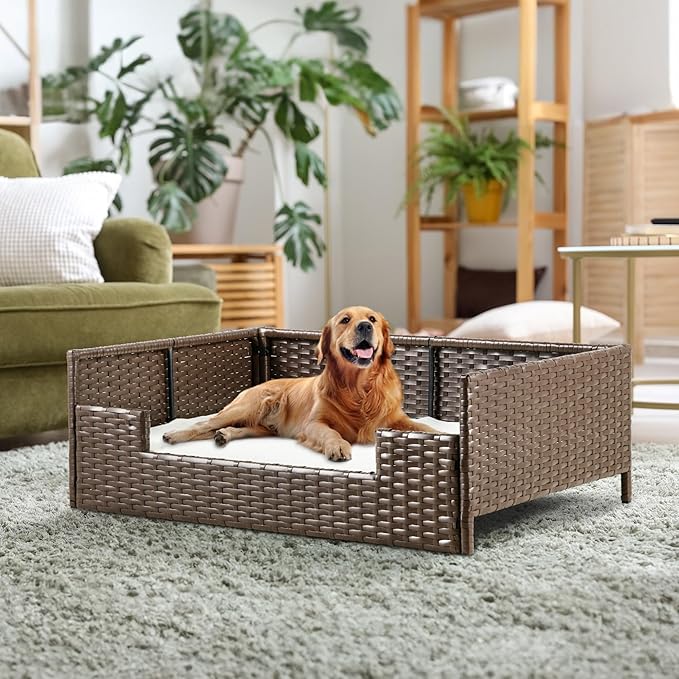 YITAHOME Rattan Dog Sofa Bed with Cushion,Wicker Pet Bed Sofa Couch Indoor Outdoor Waterproof for Large Medium Small Dogs Cats (38.6''L*26.4''W*15''H,Beige)