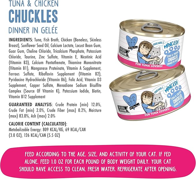 Weruva BFF Minced Natural Wet Cat Food, Tuna and Chicken Chuckles in Gelee, 3oz Can, Pack of 24