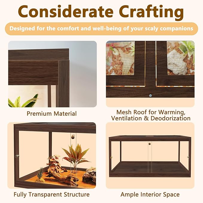 PROLEE Bearded Dragon Tank,34 Gallon Reptile Tank with Meatl Mesh Roof and Front Sliding Door, Anti-Scratch Lizard Tank,Spacious Reptile Enclosure for Snakes,Lguanas, Chameleons(Walnut)