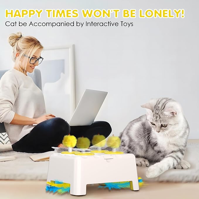 Cat Toys, 2 in1 Automatic Interactive Cat Toys for Indoor Cats, 4 Holes Mice Whack a Mole Cat Mouse Toy with Moving Feather, Rechargeable USB Power Kitten Feather Toys for All Breeds (Yellow)