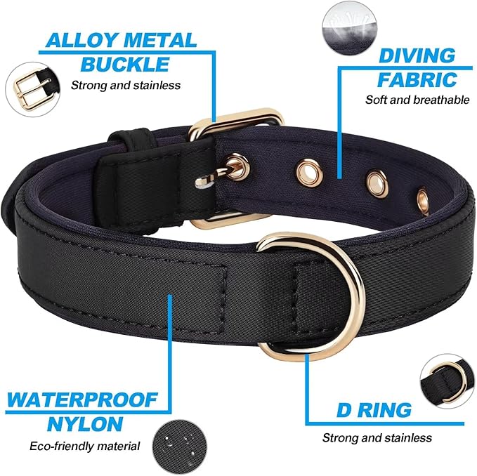 Didog Soft Padded Dog Collars for Small Dogs, Lightweight and Breathable Dog Collar with Metal Buckle, Black, M