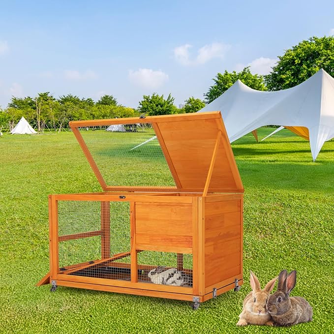 COZIWOW Fashionable Wood 36Inches Rabbit Hutch Indoor with Wheels Bunny Cage Outdoor Fashion Rabbit Cage with Clean Tray, Openable Roof, Anti-Slip Ramp for Small Bunny Rabbit (Orange)