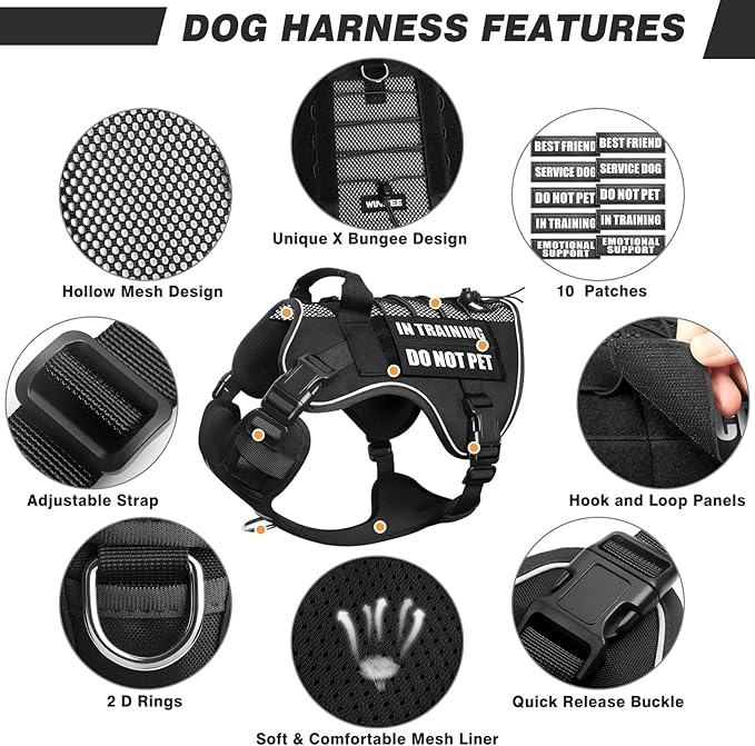 WINSEE Service Dog in Training Mesh Harness with 10 Pet Patches for Medium Dogs, Soft Air Mesh Breathable Tactical Dog Molle Vest, Reflective Military Pet Vest for Walking Hiking