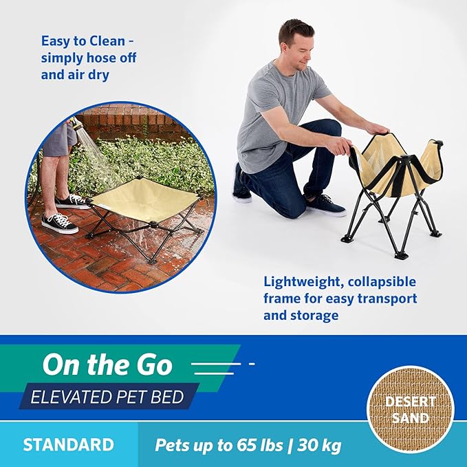 Coolaroo On-The-Go Elevated Dog Bed - Foldable Pop-Up Travel Dog Bed with Breathable, Moisture-Resistant Fabric, Carry Bag Included, Lightweight & Portable, Desert Sand, Standard