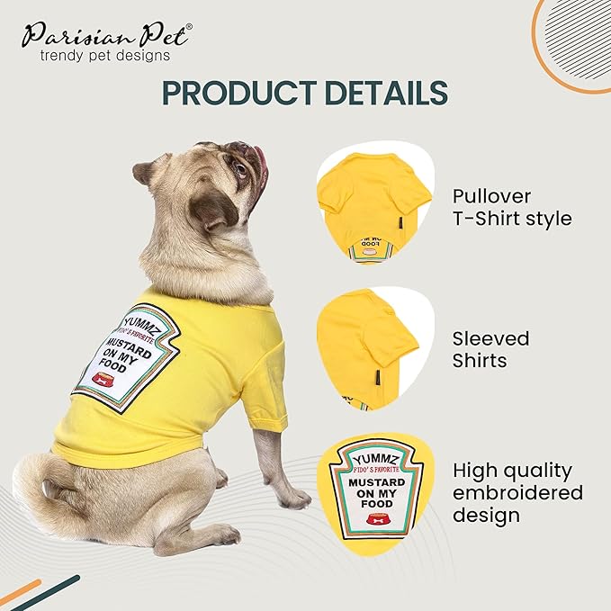 Parisian Pet Dog Shirt - Embroidered “Mustard on My Food“ - 100% Cotton and Polyester Dog Clothes - Sleeved, Lightweight Costume for Dogs - Yellow Dog Shirts for Large Dogs - Pet Costumes - XL