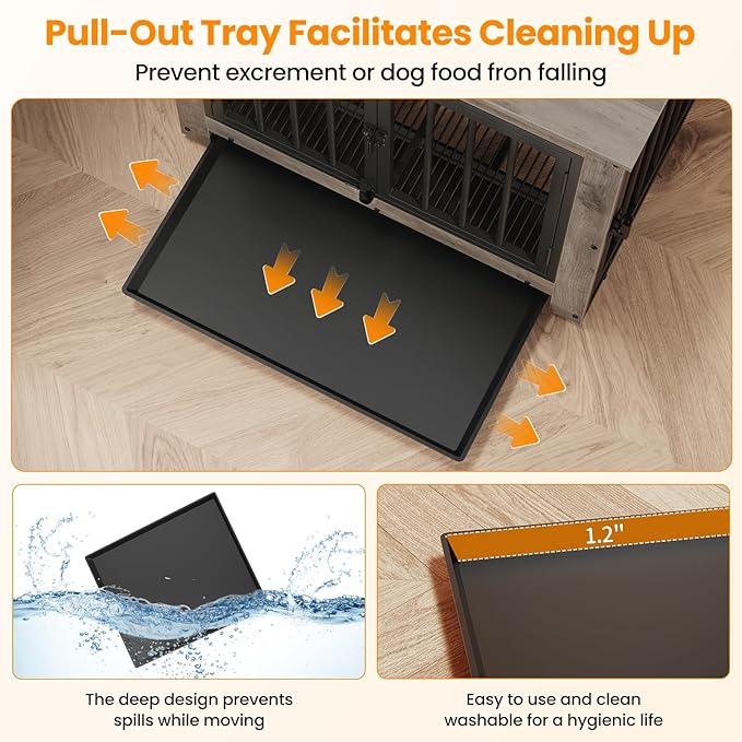 Dog Crate Furniture, Dog Crate End Table for Small and Medium Dogs,Wooden Cage Kennel Furniture Indoor, Modern Dog Crate with Multi-Purpose Removable Tray, Double-Doors Dog Furniture, Greige