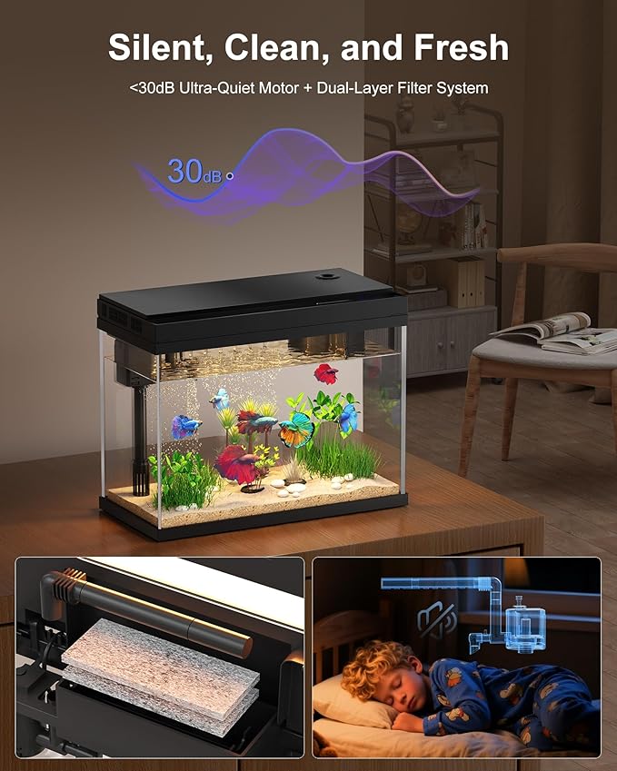 Fish Tank with Desktop Humidifier, 2.38 Gallon Quiet Eco Aquarium,Smart Touch LED Light & Temperature Display, Glass Mini Fish Tank