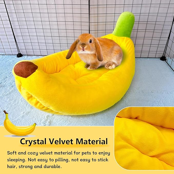 Rabbit Bed,Bunny Bed,Thick&Soft with Removable Mat,Machine Washable Guinea Pig Cushion,Cozy Rabbi Plush House,Warm Small Animal Sleeping Beds(Yellow Banana Shape-L)