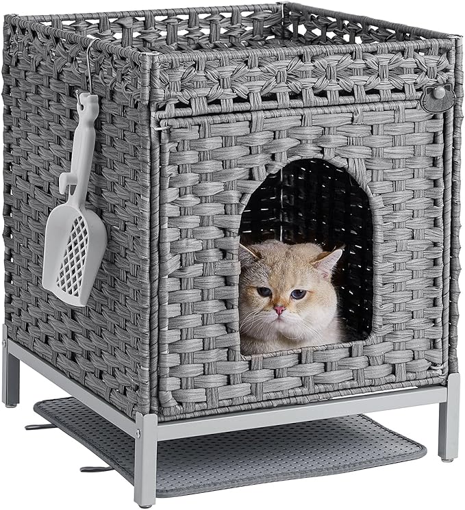 Cat Litter Box Enclosure Hidden Litter Box Furniture with Metal Heightened Feet, Rattan Handwoven Cat House with Litter Mat, Hidden Litter Box Furniture for Bedroom Living Room Gray